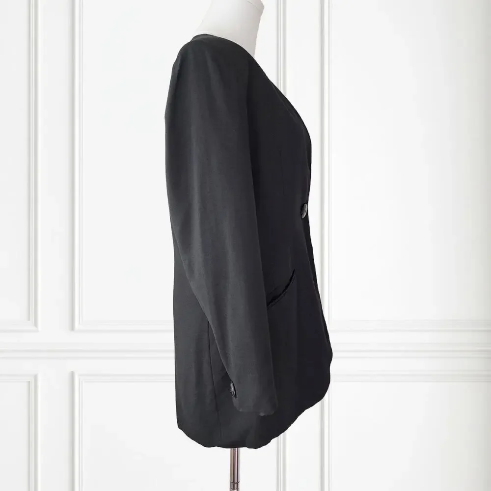 CHRISTIAN DIOR Vintage Black Collarless Blazer Jacket Sz 6 Minimalist Luxury 90s